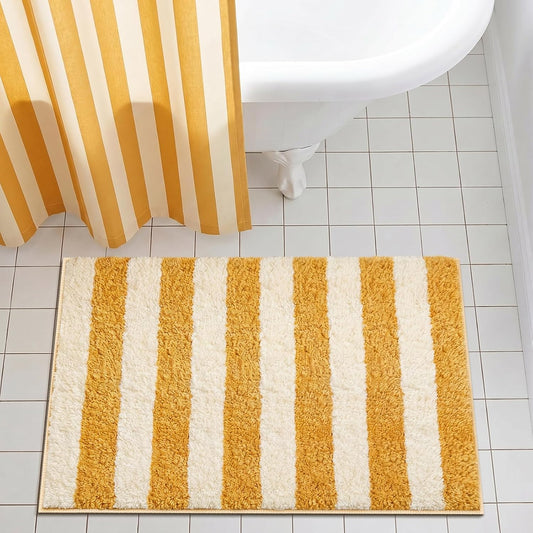 Yellow and White Striped Bathroom Rug, 24"x16" Absorbent Bath Mat
