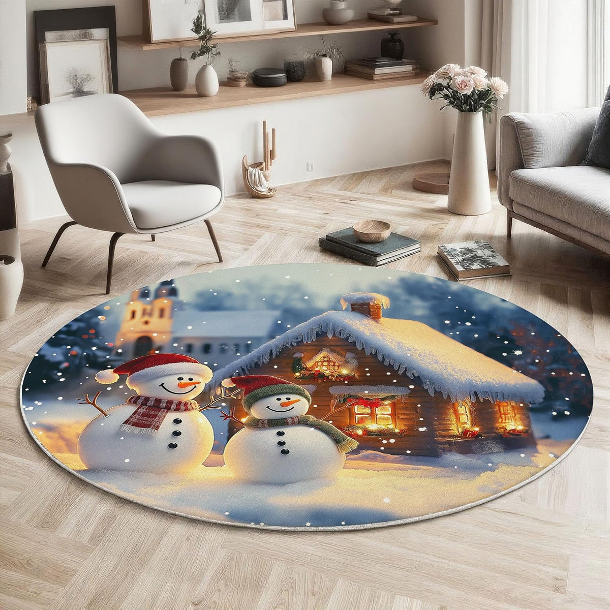 Round Area Rug 3Ft Winter Theme, Washable Yellow Blue Rug for Bedroom, Low-Pile Soft Round Carpet for Living Room, Ideal for High Traffic Areas in Entryway