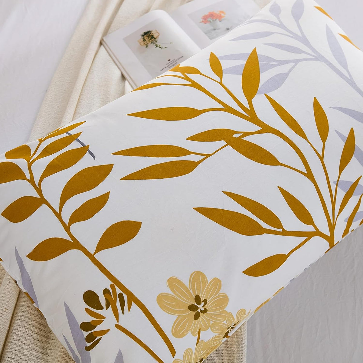 Standard Size Pillowcases Set of 2, 100% Cotton Pillow Cases, Yellow Floral Print, Soft Breathable Envelope Closure Pillow Covers(Standard, 20"x26")