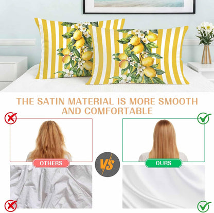 Yellow Lemon Stripes Pillow Cases Standard Size Set of 2, Summer Spring Fruit Flowers Leaves Satin Pillowcase with Zipper for Hair/Skin, Decorative Pillow Covers for Bed/Couch/Sofa, 20x26 Inches