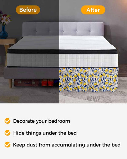 Yellow Lemon Bed Skirt Queen Size 16 Inch Drop, Adjustable Elastic Wrap Around Bed Skirts Easy Fitting Dust Ruffle Bedskirt Bed Frame Cover Blue Leaf Vintage Botanical Summer Spring