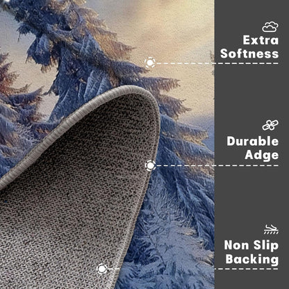 Washable Sunshine Over The Pine Mountains Area Rug Non-Slip Soft Winter Snow Scene Yellow Blue Print Floor Mats - for Bathroom Hallway Entrance Entryway Indoor Doormats