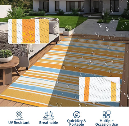 8x10 Large Outdoor Rug Waterproof for Patio Plastic Straw Rug Geometric Stripe Indoor Outdoor Area Rug Modern Lines Camping Rugs for RV Porch Deck Backyard Balcony, Orange Yellow Blue White