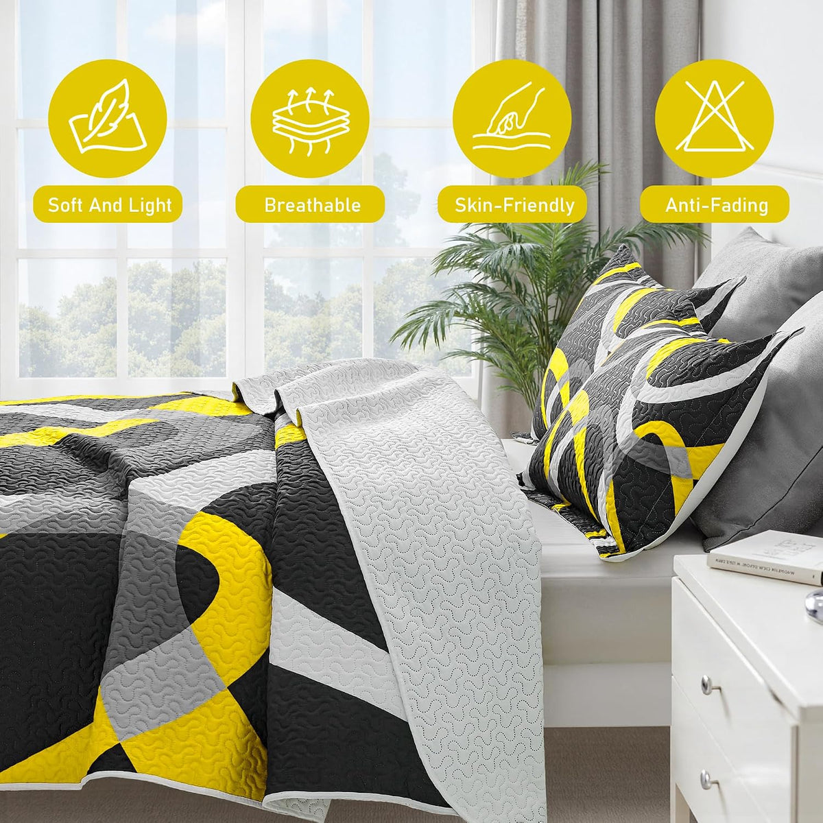 3 Piece Black Yellow Full Queen Quilt Reversible Bedding Set