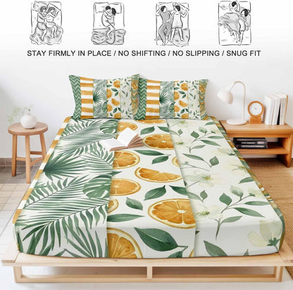 Twin Sze Fitted Sheet Set - Yellow Lemons 2 Piece Bedding Sets 16" Deep Pocket Fitted Sheet with 1 Pillowcase, Summer Botanical Green Leaves Fruits Striped Brushed Microfiber Hotel Luxury Bed Sheets