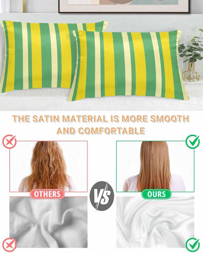 Satin Pillowcases Standard Size, Lemon Green Yellow Silk Pillow Cases for Hair and Skin with Zipper 2 Pack, Summer Modern Farmhouse Striped Smooth Throw Pillow Covers for Sleeping, 20"x26"