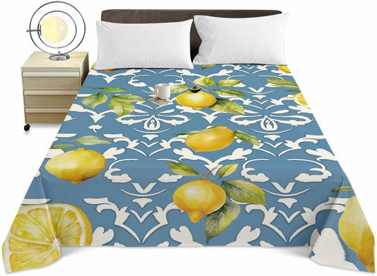 Full Size Top Sheet Only,Yellow Lemon Blue Country Retro Floral Flat Sheet Microfiber Breathable Soft Bed Sheet,Watercolor Fruit Hotel Luxury Bedding Flat Sheets for Bedroom