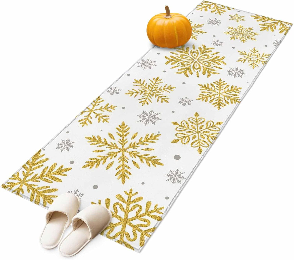 Christmas Area Rugs 2x6 for Kitchen Runner Rug, Winter Xmas Yellow Snowflakes Textured Non Slip Washable Rug Runner, Low Pile Indoor Floor Carpet Mat Bathroom Rugs for Bedroom, Kids Room