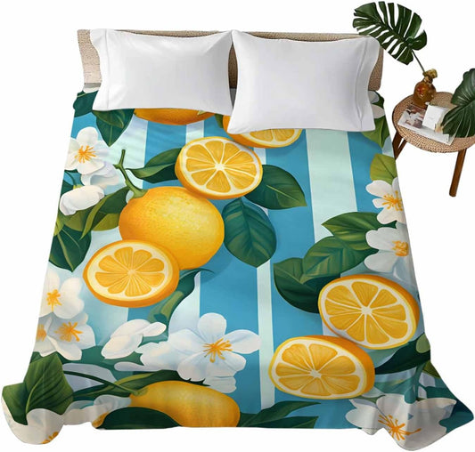 Twin Flat Sheet, Yellow Lemon Twin Bed Sheets Only, Soft Microfiber Flat Sheet, Summer Fruit Floral Blue Stripe Watercolor Hotel Quality Bedding Top Sheet Bedroom Home Dorm Decor