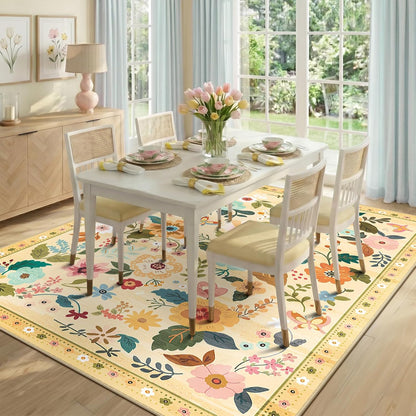 Floral 5x7 Area Rugs Washable Print Boho Cute Carpet Non Slip Flower Low Pile for Living Room Bedroom Kitchen Office Farmhouse-Ivory/Yellow