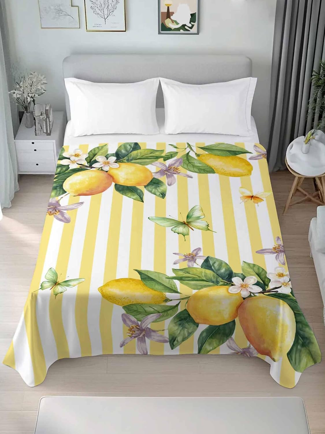 Flat Sheets Queen Size Bedding Sheet,Lemon Fruits Floral Leaves Soft Microfiber Breathable Top Sheets for Bedroom Hotel Luxury-1 Bed Flat Sheet Only,Yellow Stripes