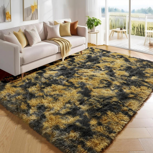 Black and Yellow Bedroom Rugs 4x6 Ft, Fluffy Modern Living Room Area Rug