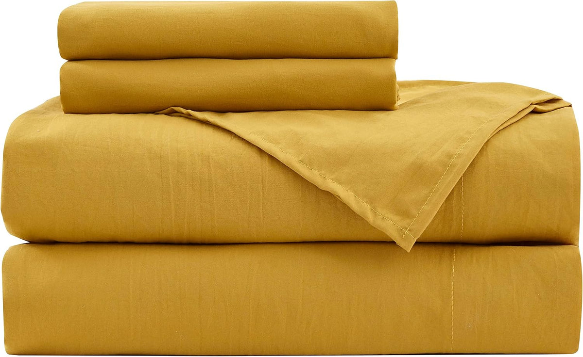 Soft Washed Queen Bed Sheet Set - 4-Piece Brushed Microfiber Wrinkle & Fade Resistant 14-Inches Deep Pocket Sheets & Pillowcases Set - Queen, Mustard Yellow