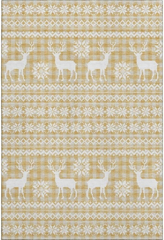 Holiday Festive Theme Soft Plush Thick Pile Christmas Area Rug 8' x 10' | Winter Cheer Xmas Playful Deer Snowflakes Plaid Patterns Gold Yellow White Color | Washable Nonslip Indoor Outdoor Rugs