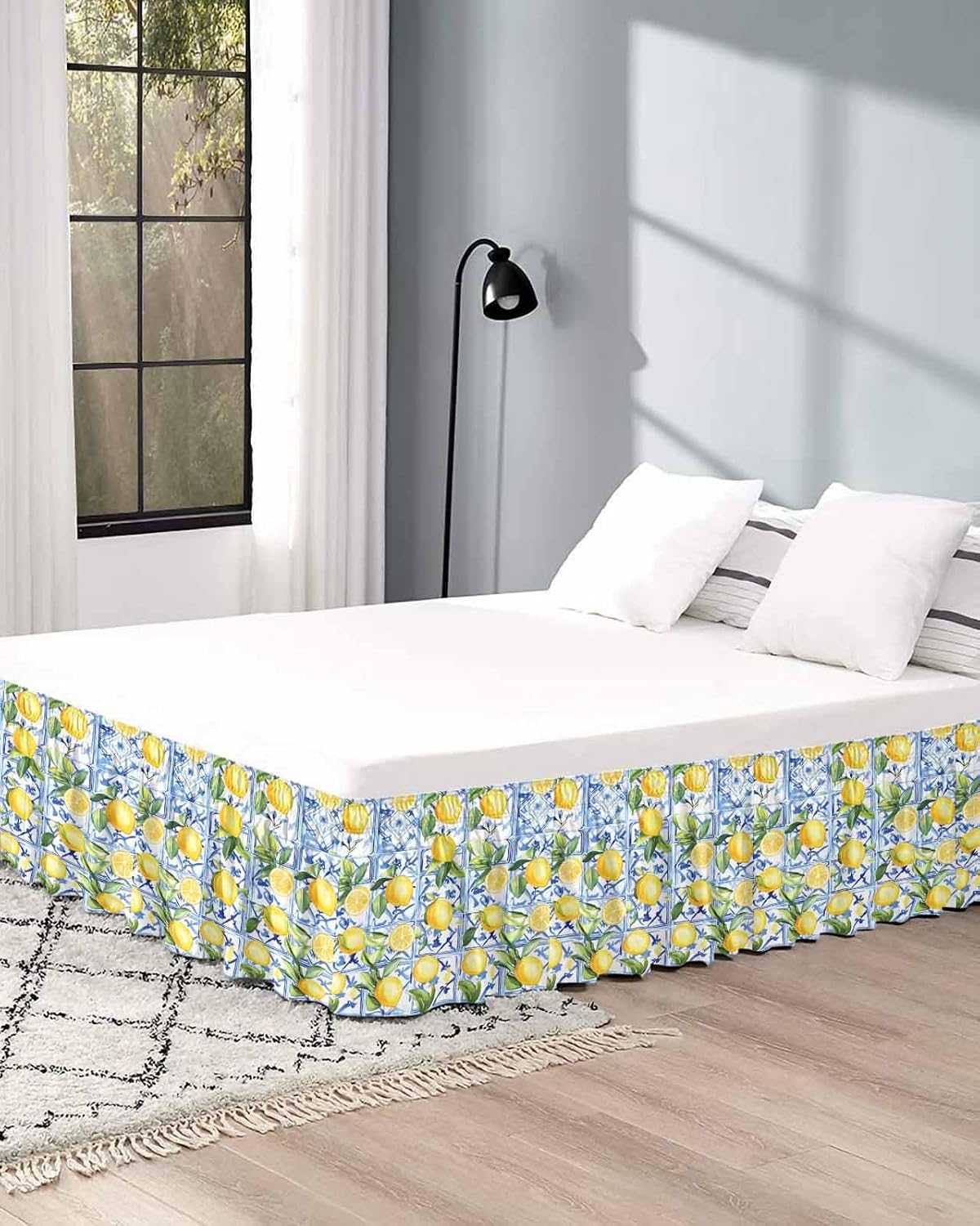 Yellow Lemon Bed Skirt Queen Size 16 Inch Drop, Adjustable Elastic Wrap Around Bed Skirts Easy Fitting Dust Ruffle Bedskirt Bed Frame Cover Botanical Spring Leaves Abstract Blue Tile