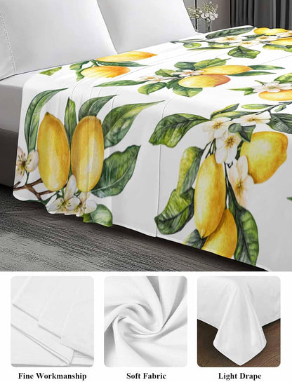 Twin Flat Sheet Only,Yellow Lemon Summer Green Leaves Top Sheet Breathable Soft Brushed Polyester Microfiber Bed Sheets,Blossom Floral Seamless Hotel Luxury Bedding Sheets for Women,Men,Teens