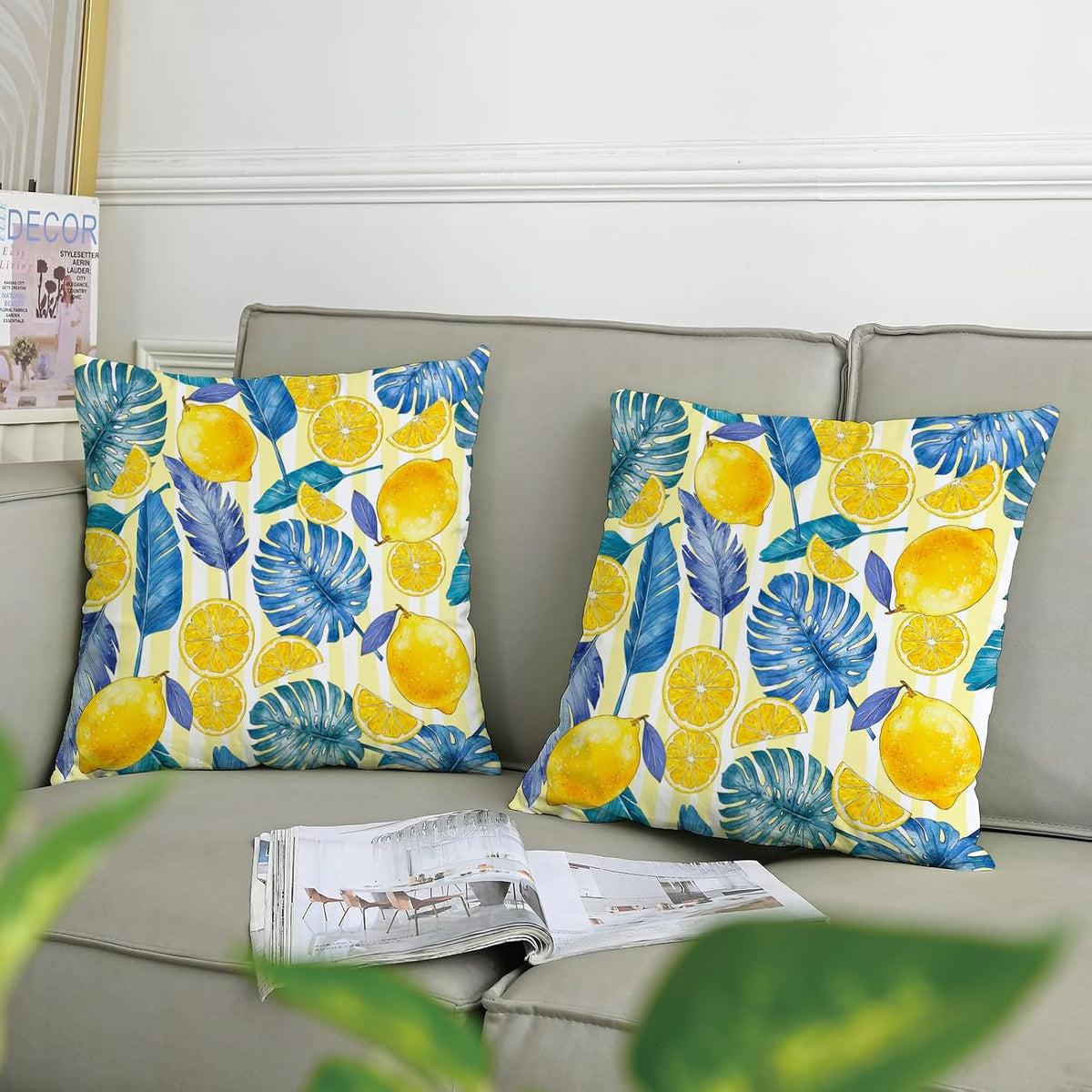 Lemon Throw Pillow Covers Set of 2 Tropical Plants Palm Leaf Monstera Fruits Retro Striped Yellow Cozy Velvet Washable Indoor Living Room Couch Standard Home Sofa Bed Decor Cushion Cover 18x18inch