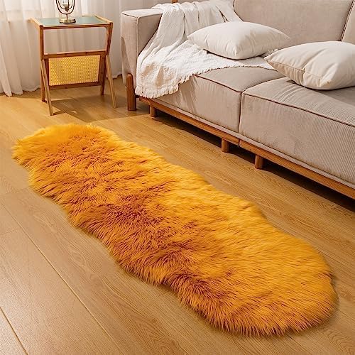 Faux Fur Sheepskin Runner Rug Yellow 2x6 ft Ultra Soft Shaggy Plush Fluffy Fuzzy Area Carpet Decorative Chair Cover Floor Mat for Bedroom Sofa Living Room Bedside