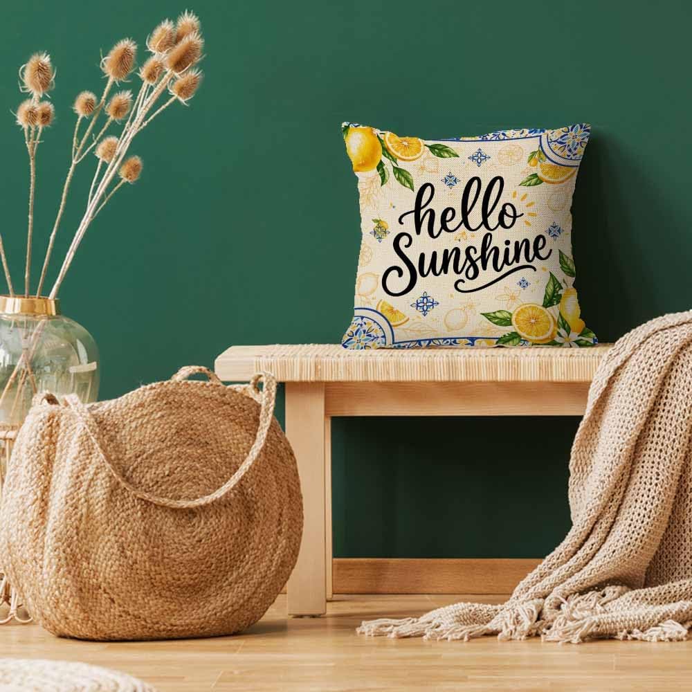 Lemon Yellow and Blue Throw Pillow Cover 18x18,Mediterranean Summer Citrus Sunshine Art Decorative Cushion Cover,Linen Blend Square Pillowcase for Sofa Couch Bed