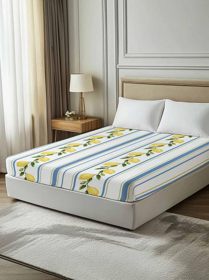 Flat Sheets Queen Size Bedding Sheet,Summer Lemon Leaves Soft Microfiber Breathable Top Sheets for Bedroom Hotel Luxury-1 Bed Flat Sheet Only,Blue Yellow Striped